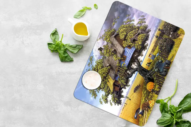 抽象的な風景のガラスのまな板、超現実的なキッチンの必需品