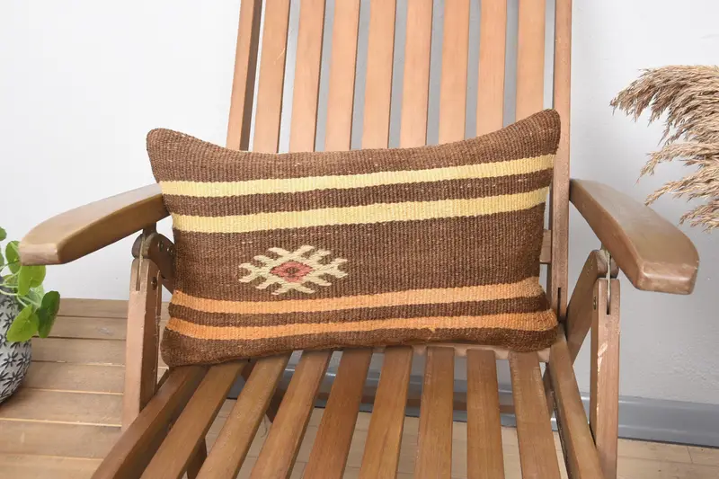 Striped Turkish Brown Pillow Sham, Wool Moroccan 12x20 inch Pillow - 1
