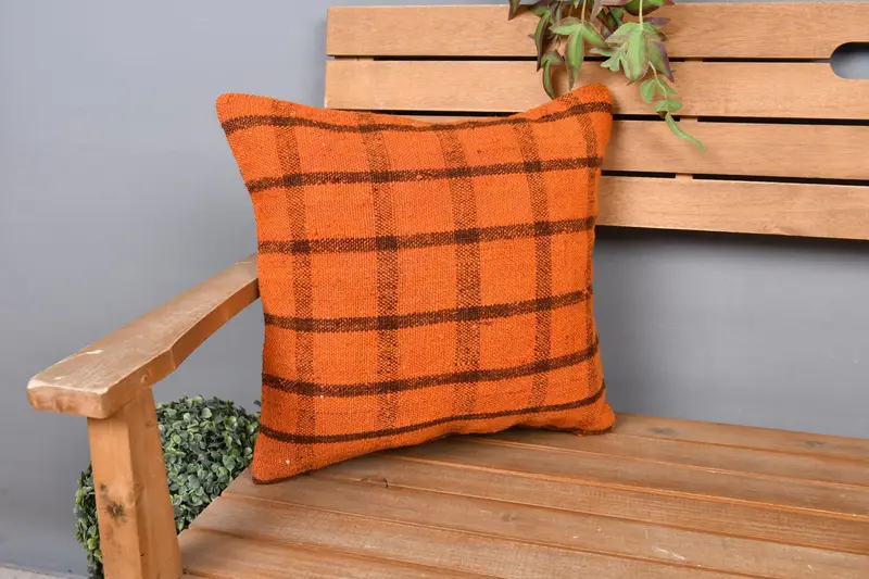 Antique Pillows, Pillow, Handmade Kilim Cushion, 16x16 Orange Cushion Cover, Interior Designer Pillow, Nautical Throw Cushion Cover - 1