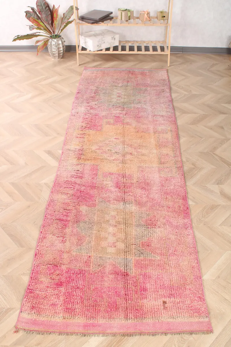 3x9.7 ft Runner Türk Vintage Halı, Pembe Güneybatı Yün Halı - 1