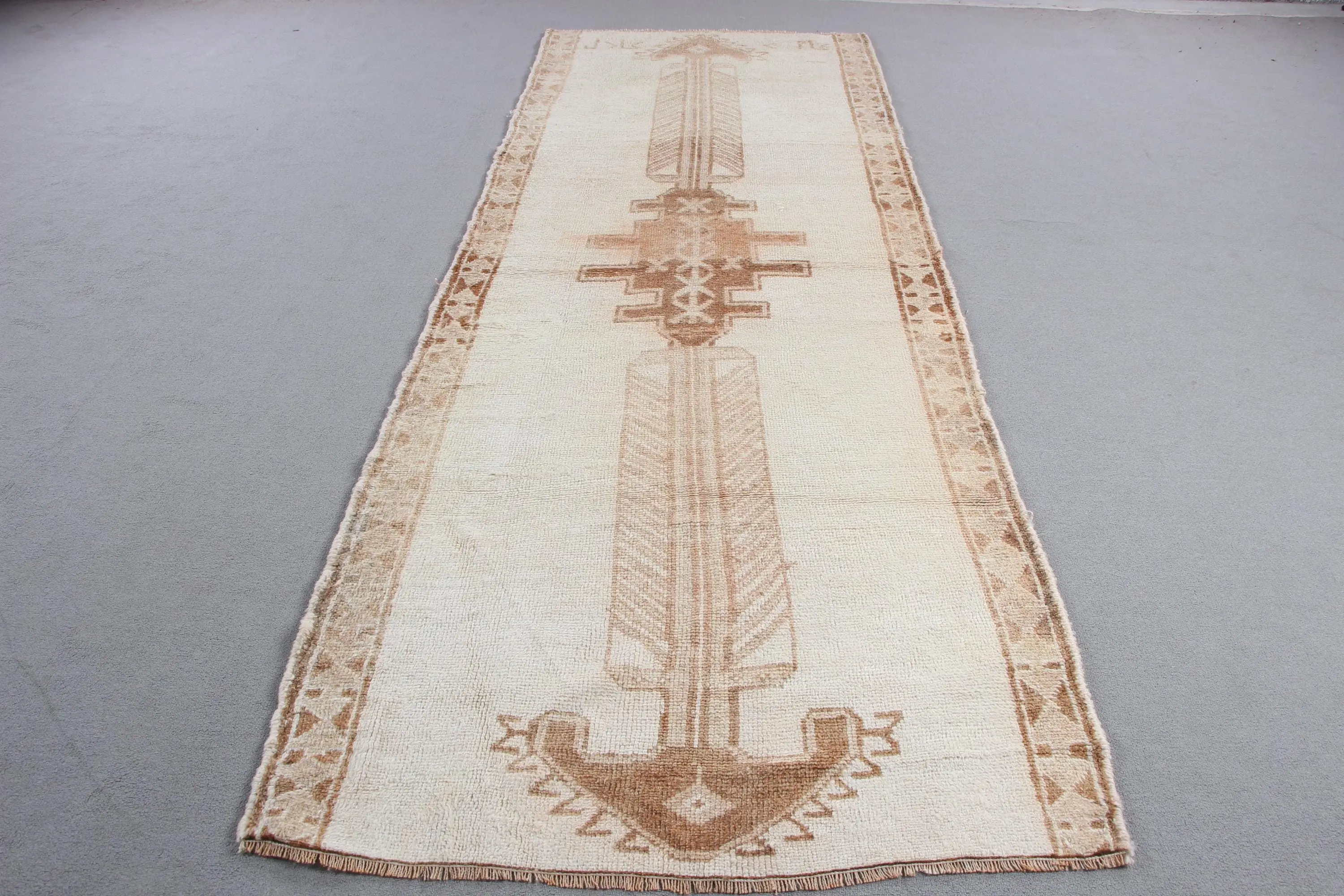 Turkish Rug, Runner 3.9x11 ft Vintage Rug, White Brown Moroccan Wool Rug - 1