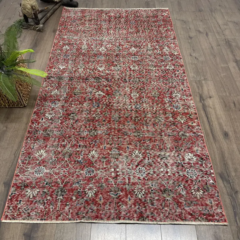Vintage 4.1x7.9 ft Halı, Alan Türk Halısı, Kırmızı Puantiyeli Yün Halı - 1