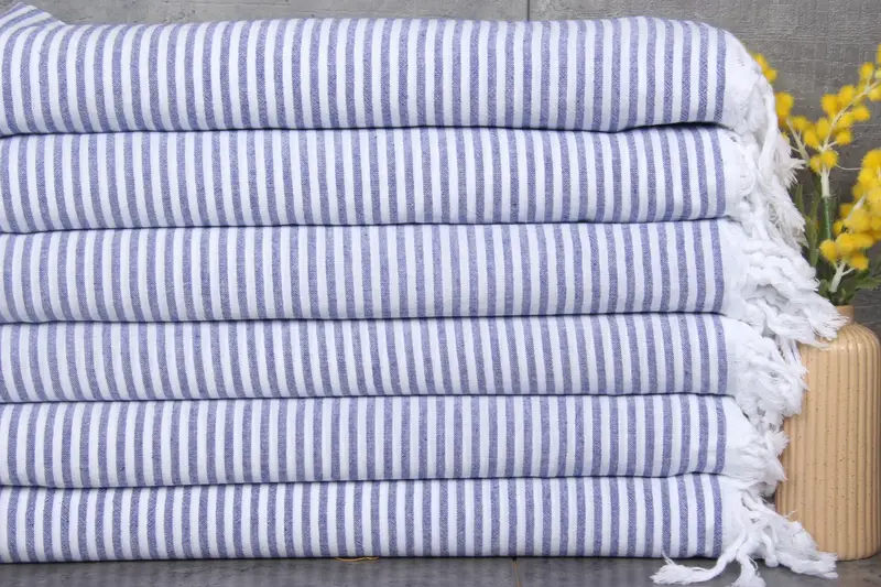Beach Towel Monogrammed Turkish Organic Cotton Navy Stripes, 36x67 Inches