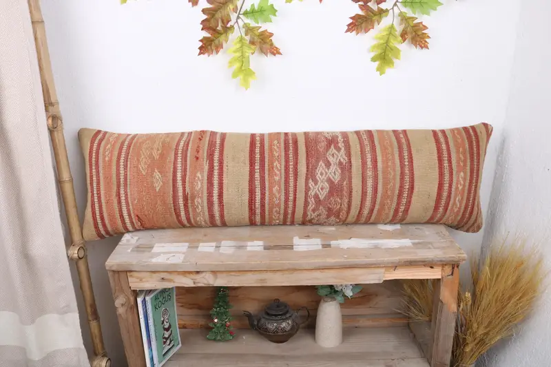 Cushion Cover, 12x43 Orange Cushion Cover, Handmade Rug Seat Cushion Cover, Pillow for Couch, Kilim Pillow, Boho Pillow, Nautical Throw Cushion Case - 1