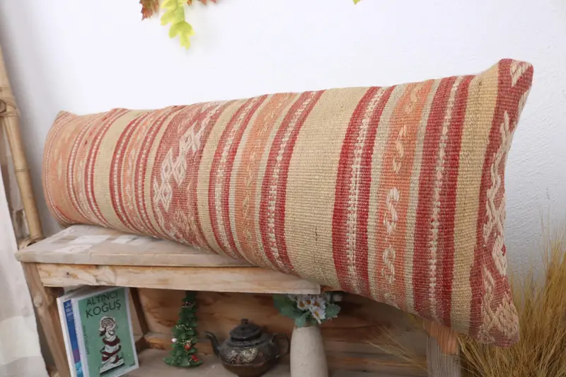 Cushion Cover, 12x43 Orange Cushion Cover, Handmade Rug Seat Cushion Cover, Pillow for Couch, Kilim Pillow, Boho Pillow, Nautical Throw Cushion Case - 4