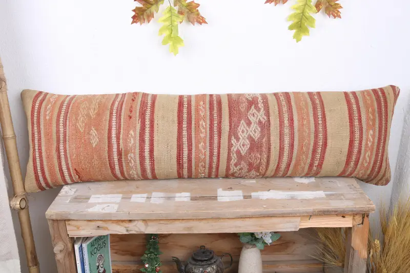 Cushion Cover, 12x43 Orange Cushion Cover, Handmade Rug Seat Cushion Cover, Pillow for Couch, Kilim Pillow, Boho Pillow, Nautical Throw Cushion Case - 2