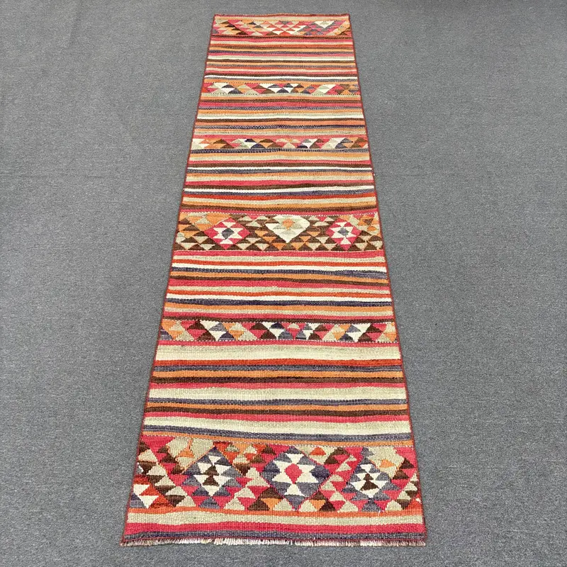 2.6x9.7 ft Türk Vintage Halı, Yolluk Halı, Kırmızı Mavi İkat Yün Halı - 1