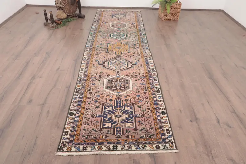 Turkish Vintage Rug, 2.8x10.3 ft Oushak Rug, Blue Runner Patchwork Rug - 1