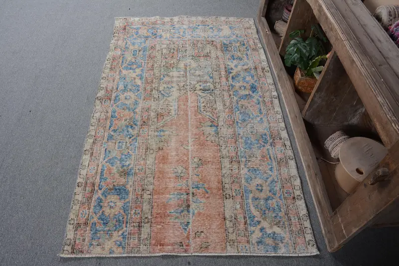 鮮やかなオレンジとブルーのラグ、3.4x5.8フィートのボタニカルデザイン