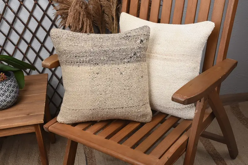 Turkish Kilim Pillow, Handmade Kilim Cushion, Nomadic Pillow Case, Throw Kilim Pillow, Tribal Cushion Case, Cushion Case, 14x14 Beige Pillow Cover - 1