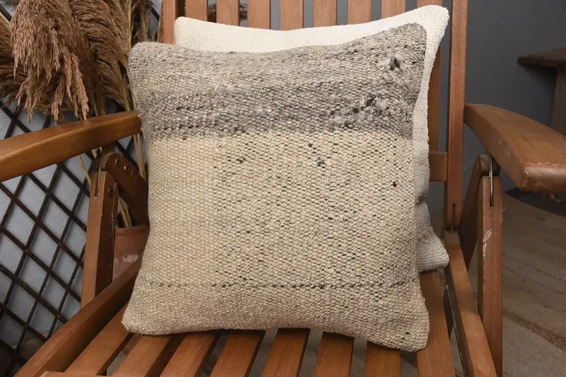 Turkish Kilim Pillow, Handmade Kilim Cushion, Nomadic Pillow Case, Throw Kilim Pillow, Tribal Cushion Case, Cushion Case, 14x14 Beige Pillow Cover - 3