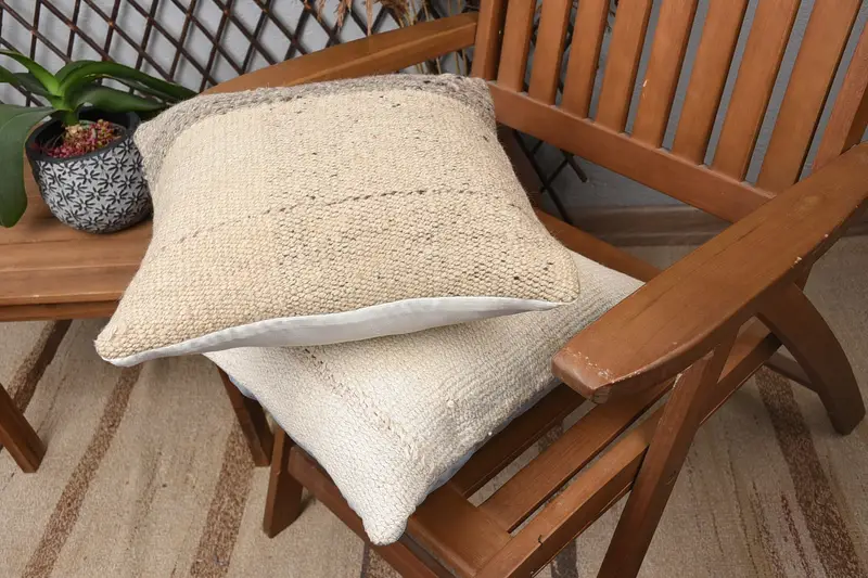 Turkish Kilim Pillow, Handmade Kilim Cushion, Nomadic Pillow Case, Throw Kilim Pillow, Tribal Cushion Case, Cushion Case, 14x14 Beige Pillow Cover - 4