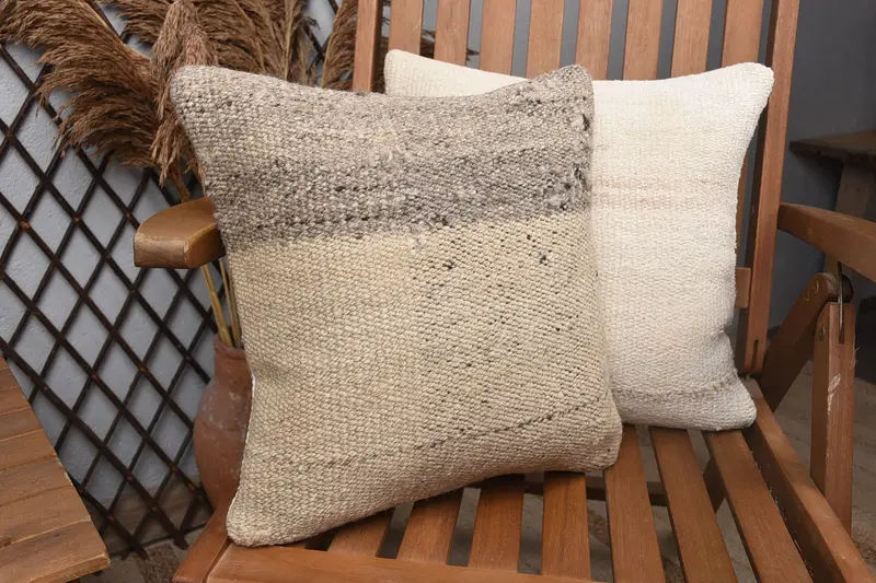 Turkish Kilim Pillow, Handmade Kilim Cushion, Nomadic Pillow Case, Throw Kilim Pillow, Tribal Cushion Case, Cushion Case, 14x14 Beige Pillow Cover - 2