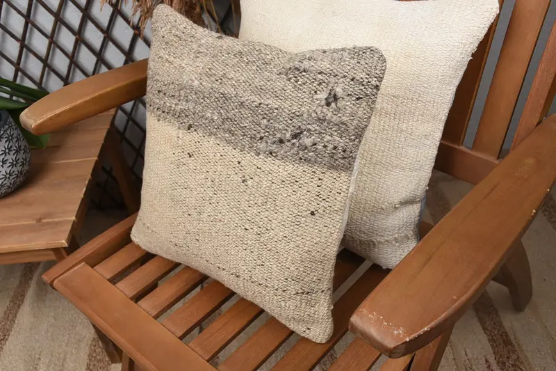 Turkish Kilim Pillow, Handmade Kilim Cushion, Nomadic Pillow Case, Throw Kilim Pillow, Tribal Cushion Case, Cushion Case, 14x14 Beige Pillow Cover - 5