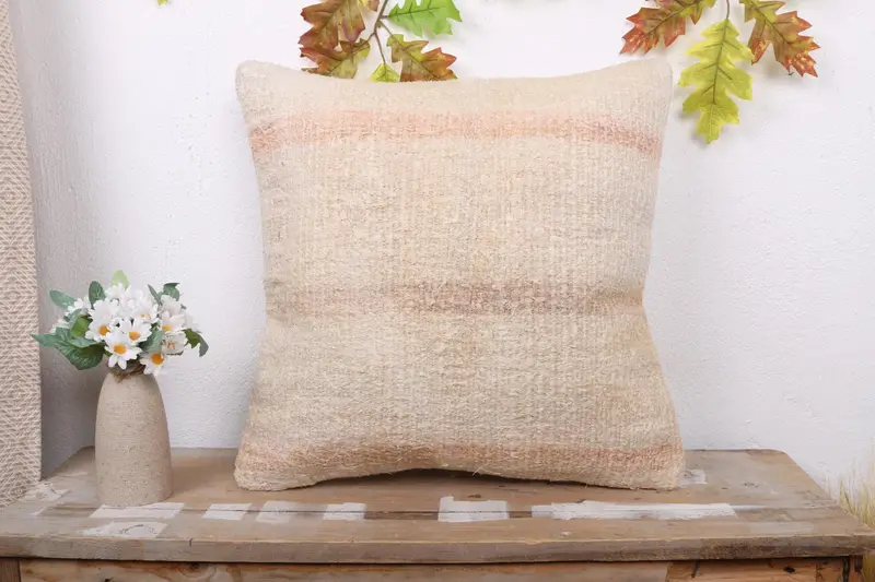 Cozy Throw Cushion, Pillow for Couch, Cushion Case, 18x18 Beige Cushion Cover, Vintage Kilim Throw Pillow, Indoor Cushion Case, Kilim Cushion Sham - 1