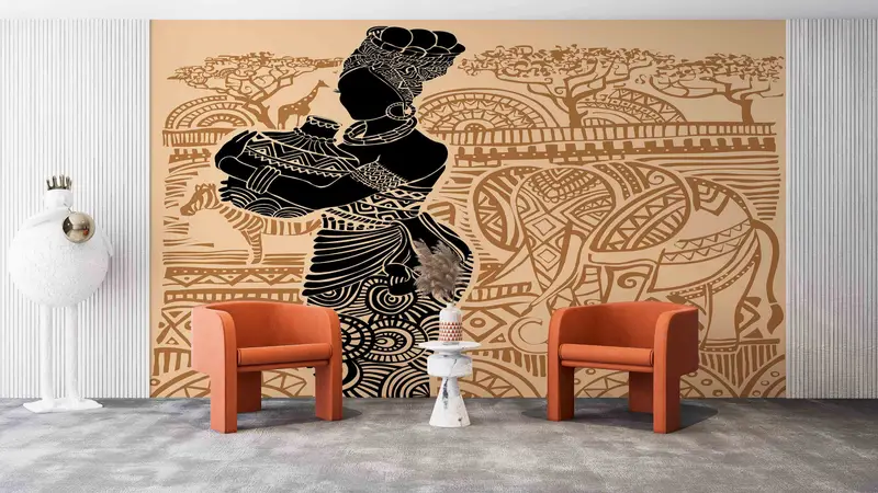 Afrikanische Frau Silhouette Wandmalerei, schwarze Frau Wandmalerei, afrikanische Wandmalerei, afrikanische Frauen Wandmalerei, 3D -Wandkunst, ethnische afrikanische Hintergrundbild - 2