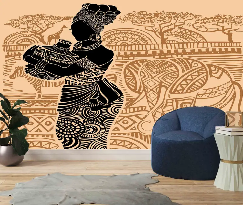 Afrikanische Frau Silhouette Wandmalerei, schwarze Frau Wandmalerei, afrikanische Wandmalerei, afrikanische Frauen Wandmalerei, 3D -Wandkunst, ethnische afrikanische Hintergrundbild - 5