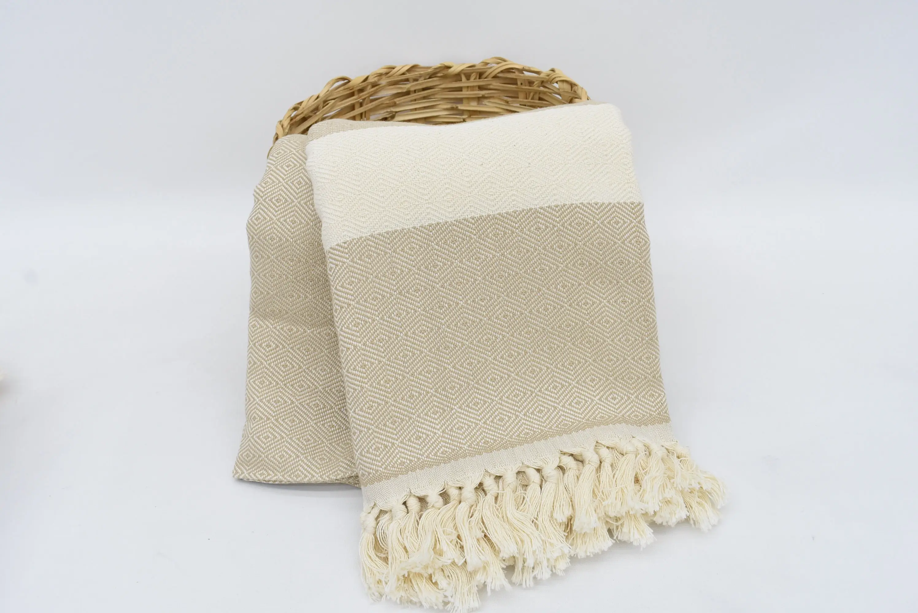 Boho Throw Blankets, 91x79 Inches Beige Diamond Organic Cotton Throw - 1