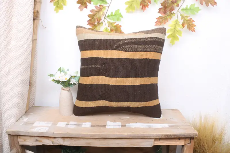 Indoor Cushion Case, Pillow for Couch, Pillow Case, Ethnical Kilim Rug Pillow, 18x18 Brown Pillow, Farmhouse Cushion, Interior Designer Pillow - 1