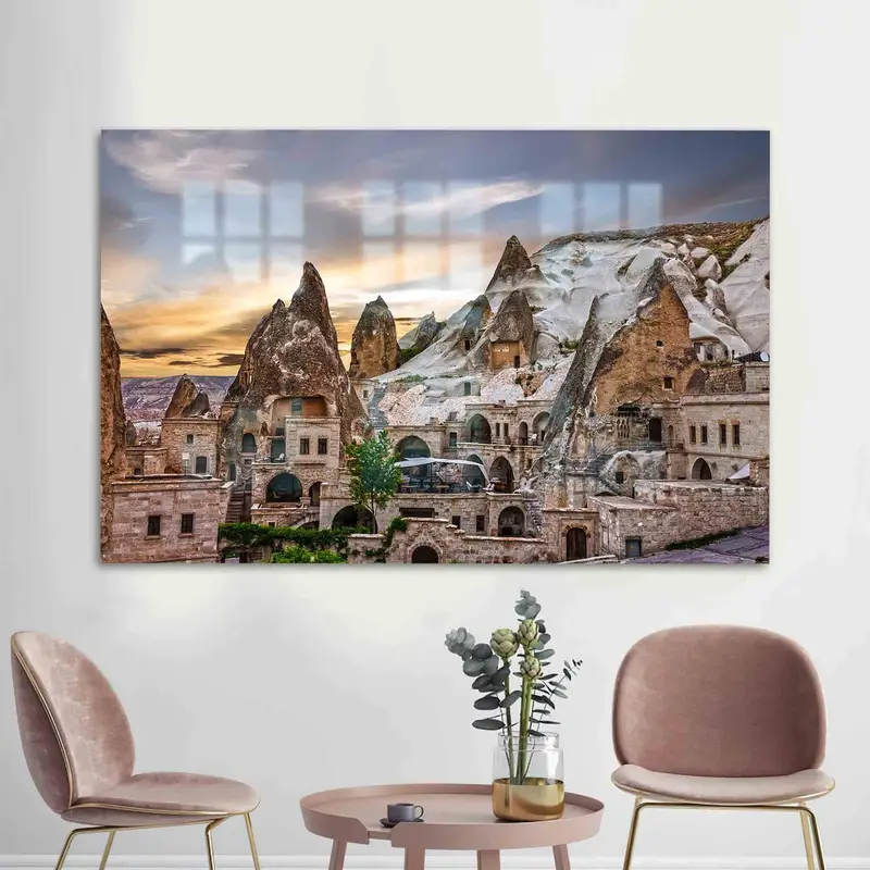 エレガントなプリントガラス：ギョレメの夕日、カッパドキアの風景