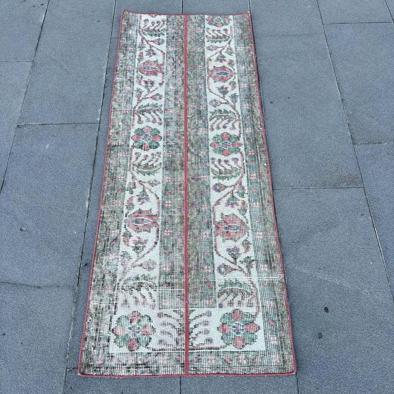Turkish 1.8x4.8 ft Rug, Small Vintage Rug, White Moroccan Wool Rug - 1