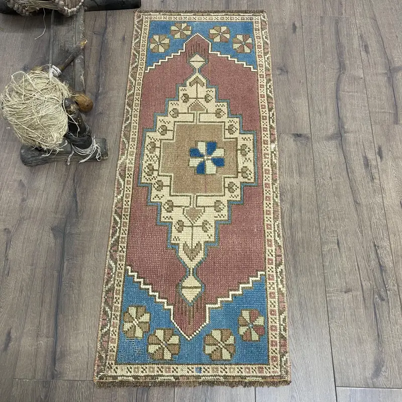 Alfombra 1,5x3,9 ft Morado y Azul, Diseño de Plantas Botánicas