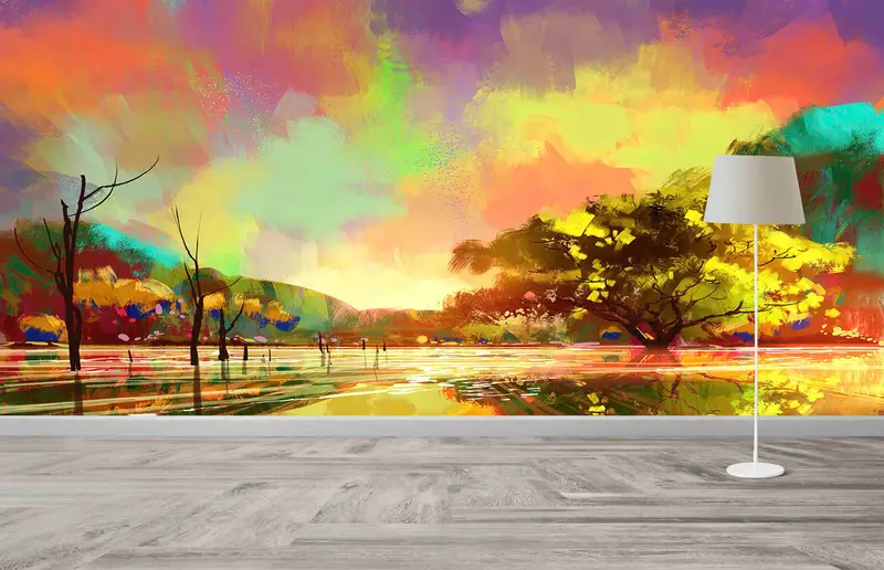 Papel pintado elegante de bosque otoñal: decoración de paisaje natural impresa