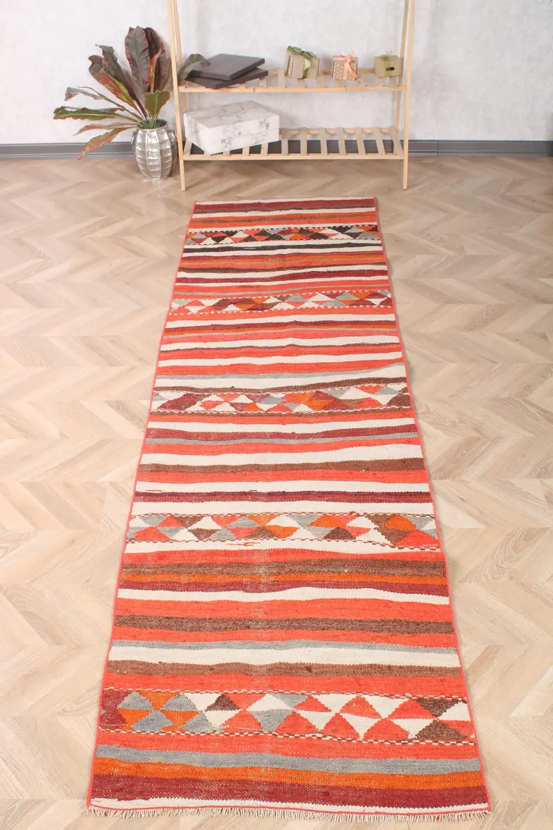 2.7x9.4 ft Turkish Runner Rug, Orange Brown Vintage Southwestern Wool Rug - 1