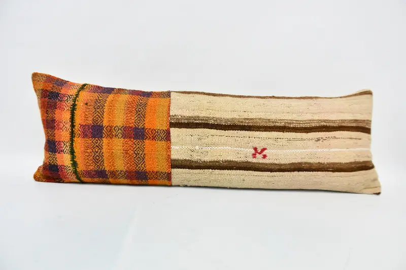 Vintage Kilim Pillow, Boho Pillow, Pattern Throw Cushion, Boho Throw Pillow, Throw Kilim Pillow, 12x36 Orange Cushion Case, Pillow - 1