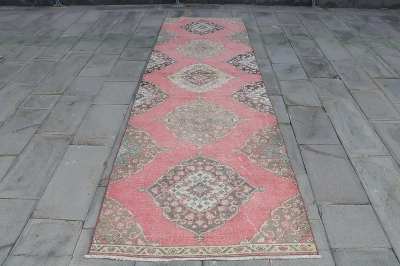 Turkish Vintage Oushak Rug 3.4x11.5 ft, Red Runner Floral Wool Rug - 1