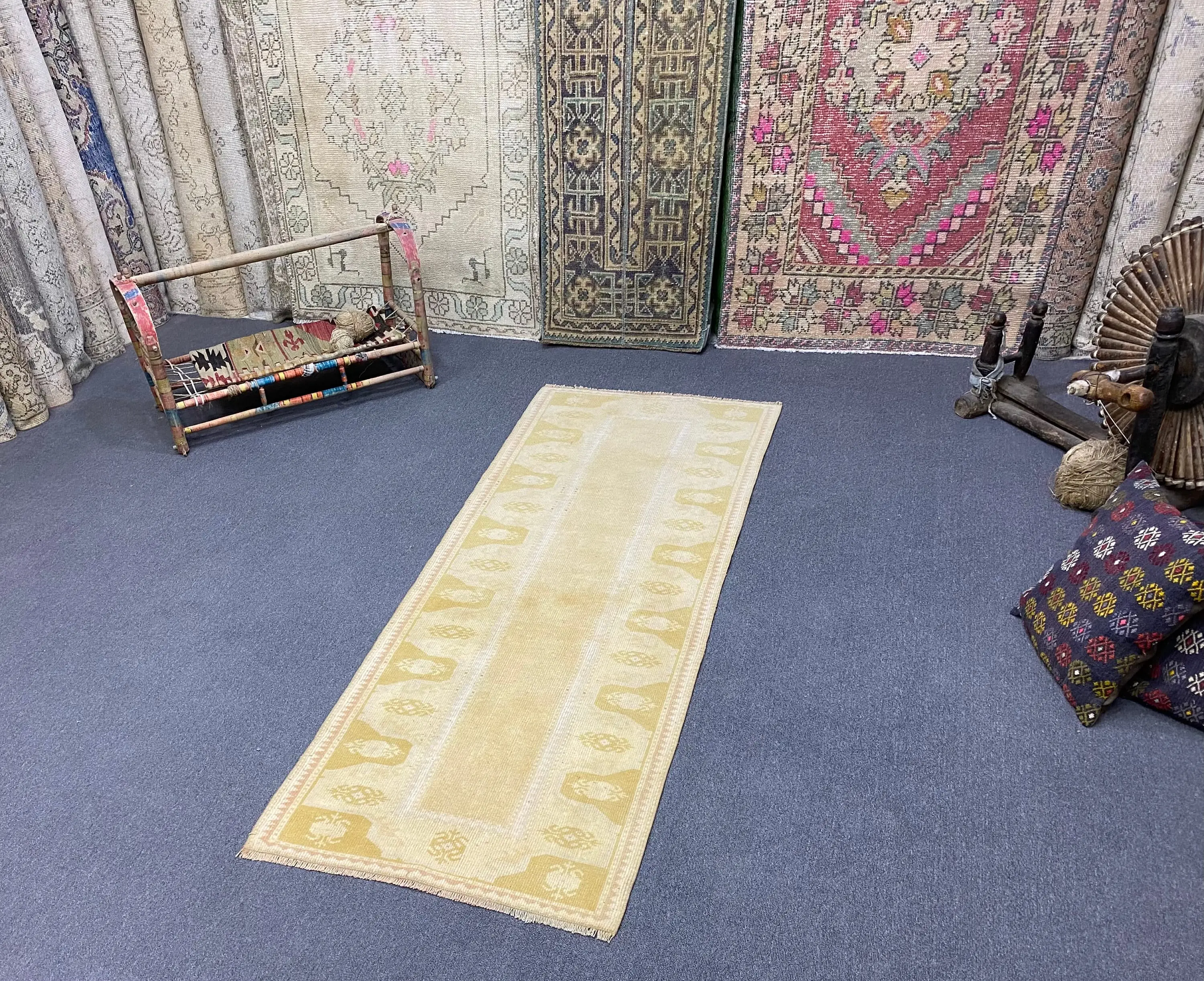 2.3x6.3 ft Rug, Turkish Vintage Rug, Yellow Floral Rug - 1