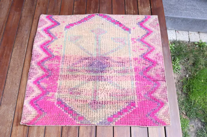 Alfombra Ombré verde hecha a mano, 2,5x2,7 pies con detalles en rosa