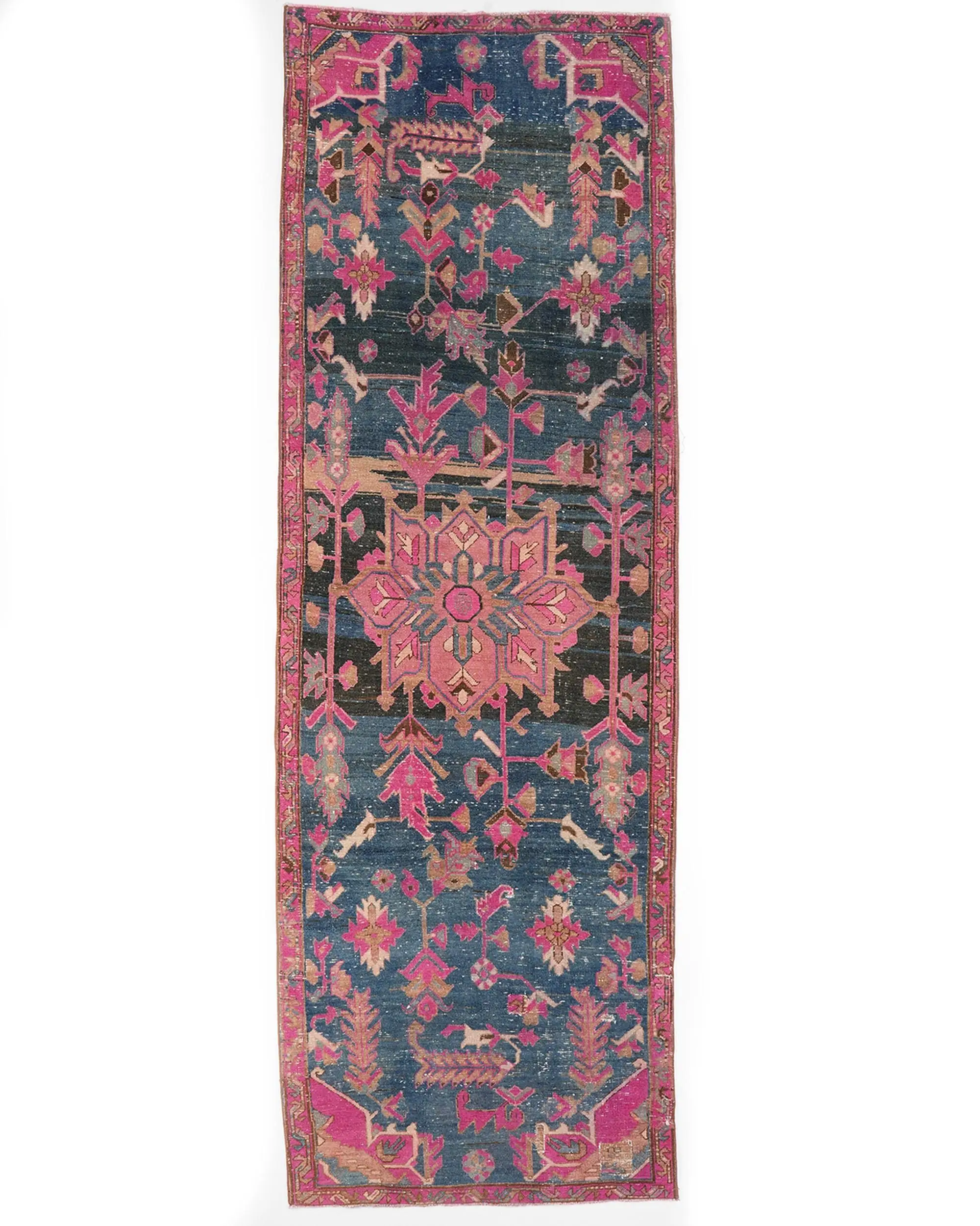 Turkish Vintage Rug, 3.4x10.4 ft Rug, Blue Pink Camouflage Rug - 1