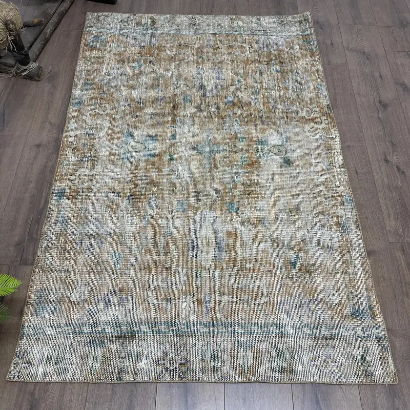 Vintage Rug, 3.6x5.5 ft Accent Rug, Brown Blue Oushak Wool Rug - 1