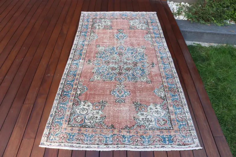 3.7x6.6 ft Halı, Eski Türk Halısı, Kırmızı Oushak Yün Halı - 1