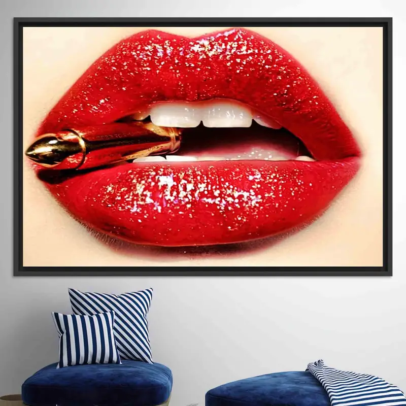 官能的な赤いリップ キャンバス: エレガントな空間のためのエロティックなアート プリント