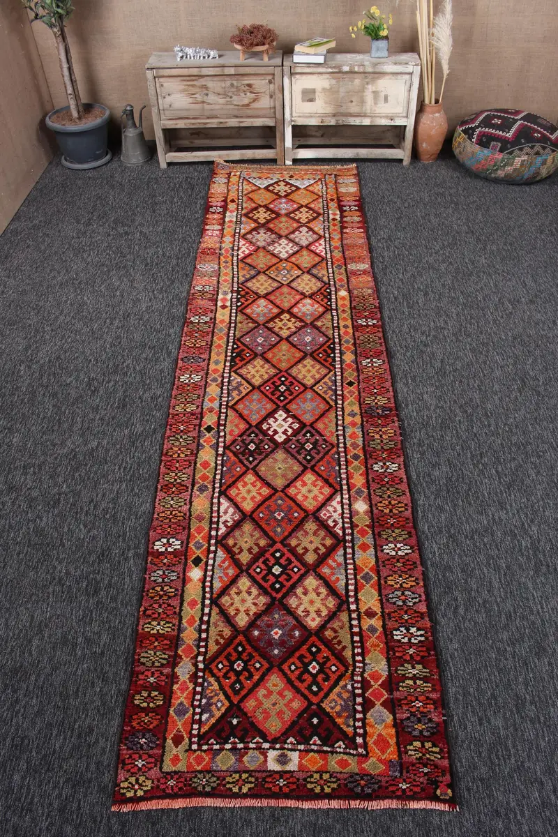 Herki Vintage Halı, 3x12 ft Türk Halısı, Kırmızı Paisley Yün Halı - 1