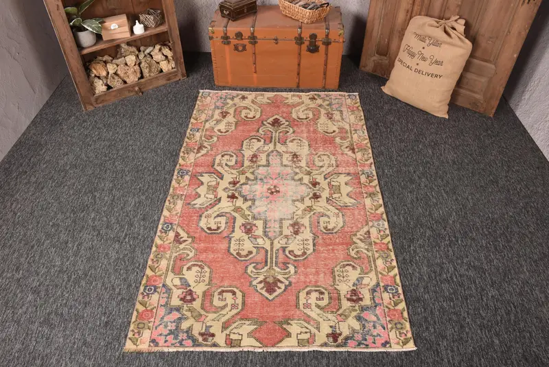 4.2x6.8 ft Alan Vintage Halı, Türk Halısı, Kırmızı Mavi Geometrik Yün Halı - 1