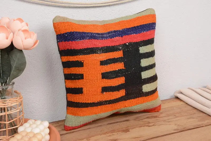 Orange & Braun besticktes geometrisches Wurfkissen, Vintage handgemachtes Kissen