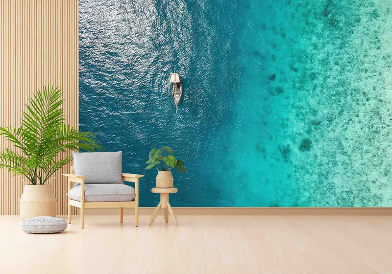 Papel pintado impreso con vistas al mar: decoración de paisaje marino azul océano