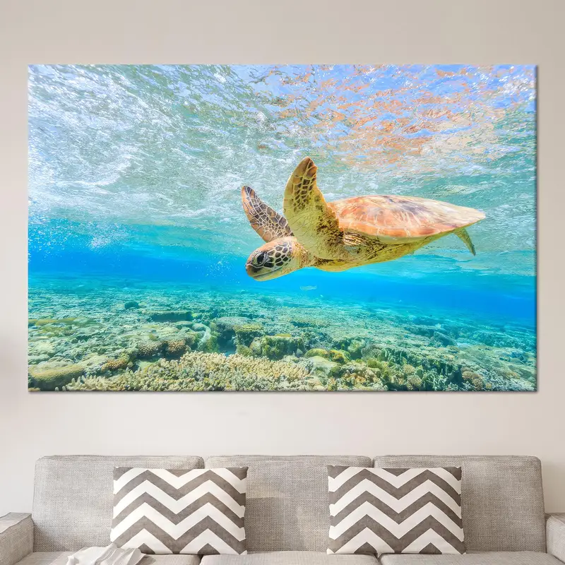 Oceanic Turtle Swim: Printed Canvas Art in Ocean Blue