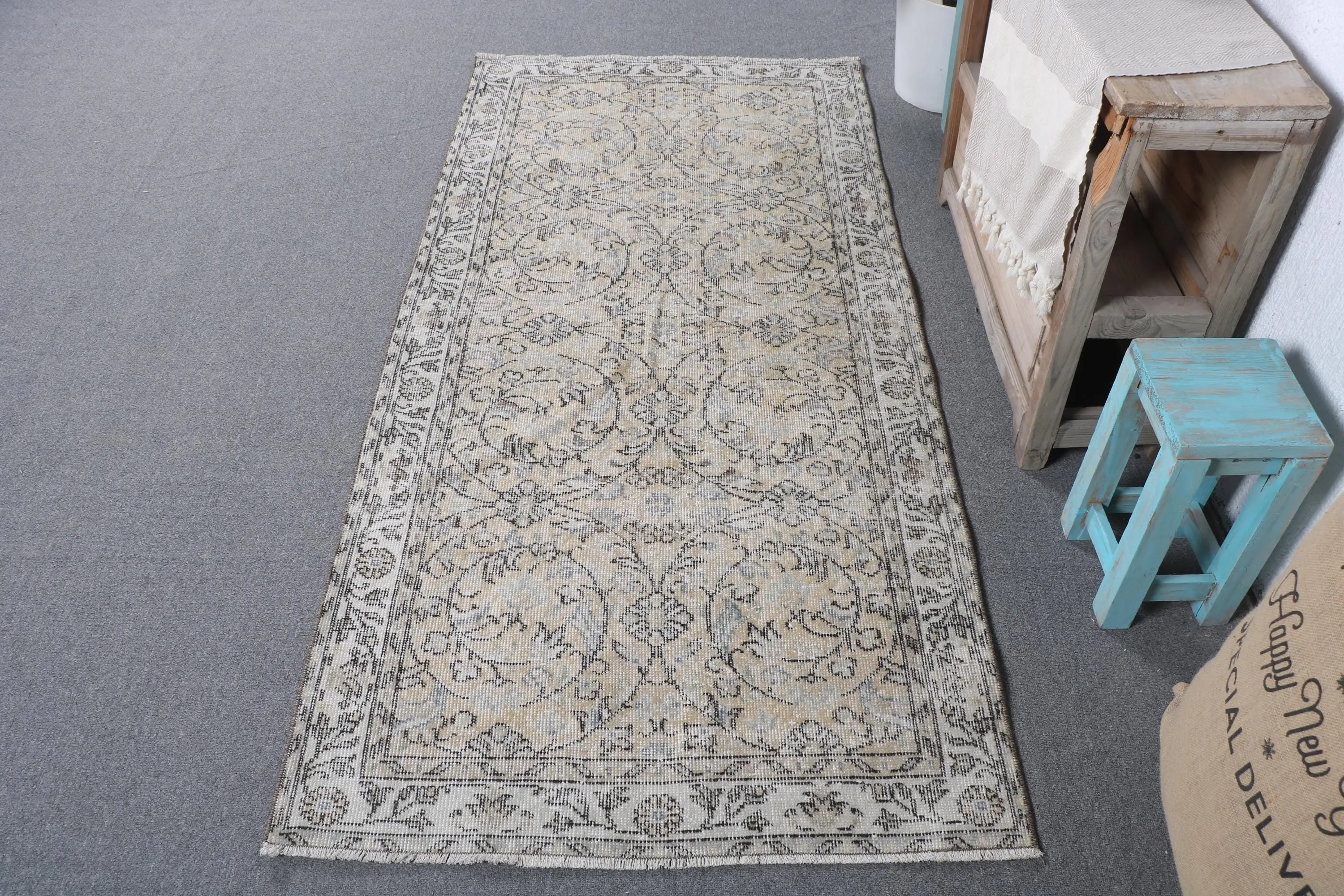 Türk Vurgulu Halı 3.1x6.5 ft, Vintage Gri Çizgili Yün Halı - 1