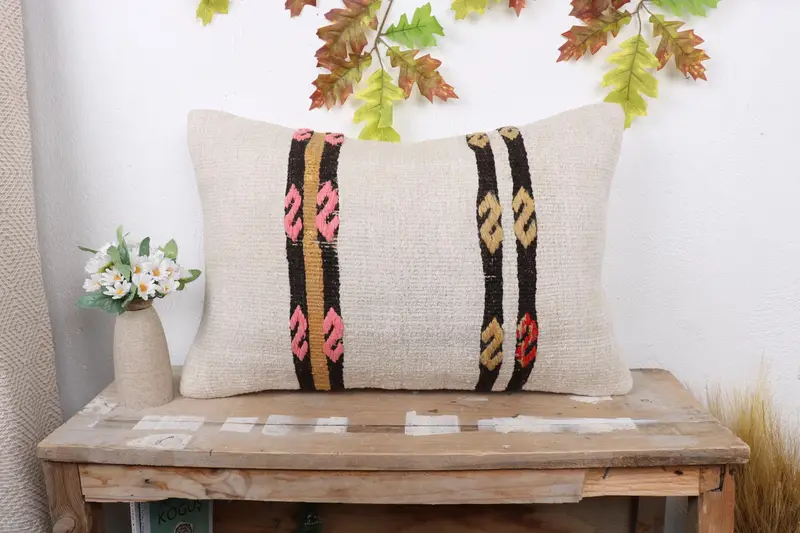 Accent Pillow Cover, Pillow, Handwoven Pillow Cover Pillow Cover, Kilim Pillow, Kilim Pillow Cover, Turkish Kilim Pillow, 16x24 White Pillow Sham - 1