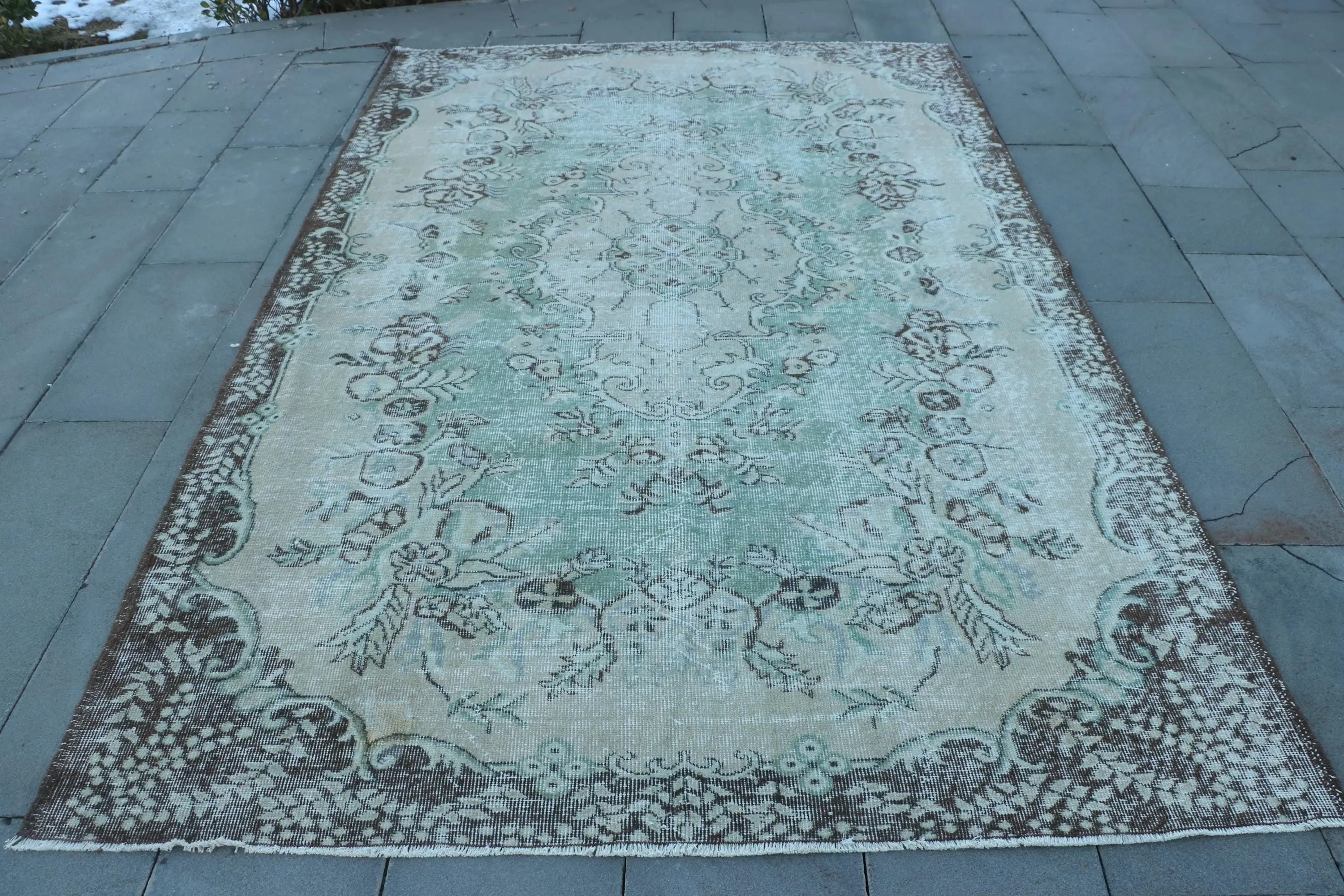 Vintage Halı, 5.8x9 ft Büyük Halı, Yeşil Kahverengi Yün Halı - 1