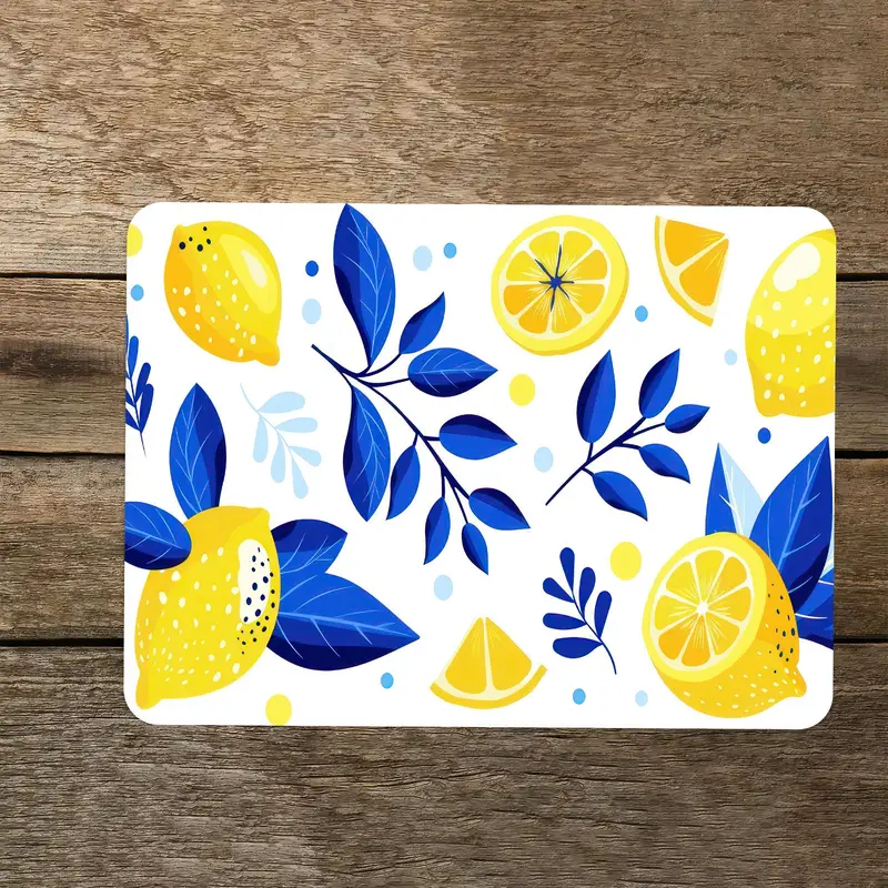 Lemon Pattern Glass Cutting Board, Blue Leaves, Kitchen Essential