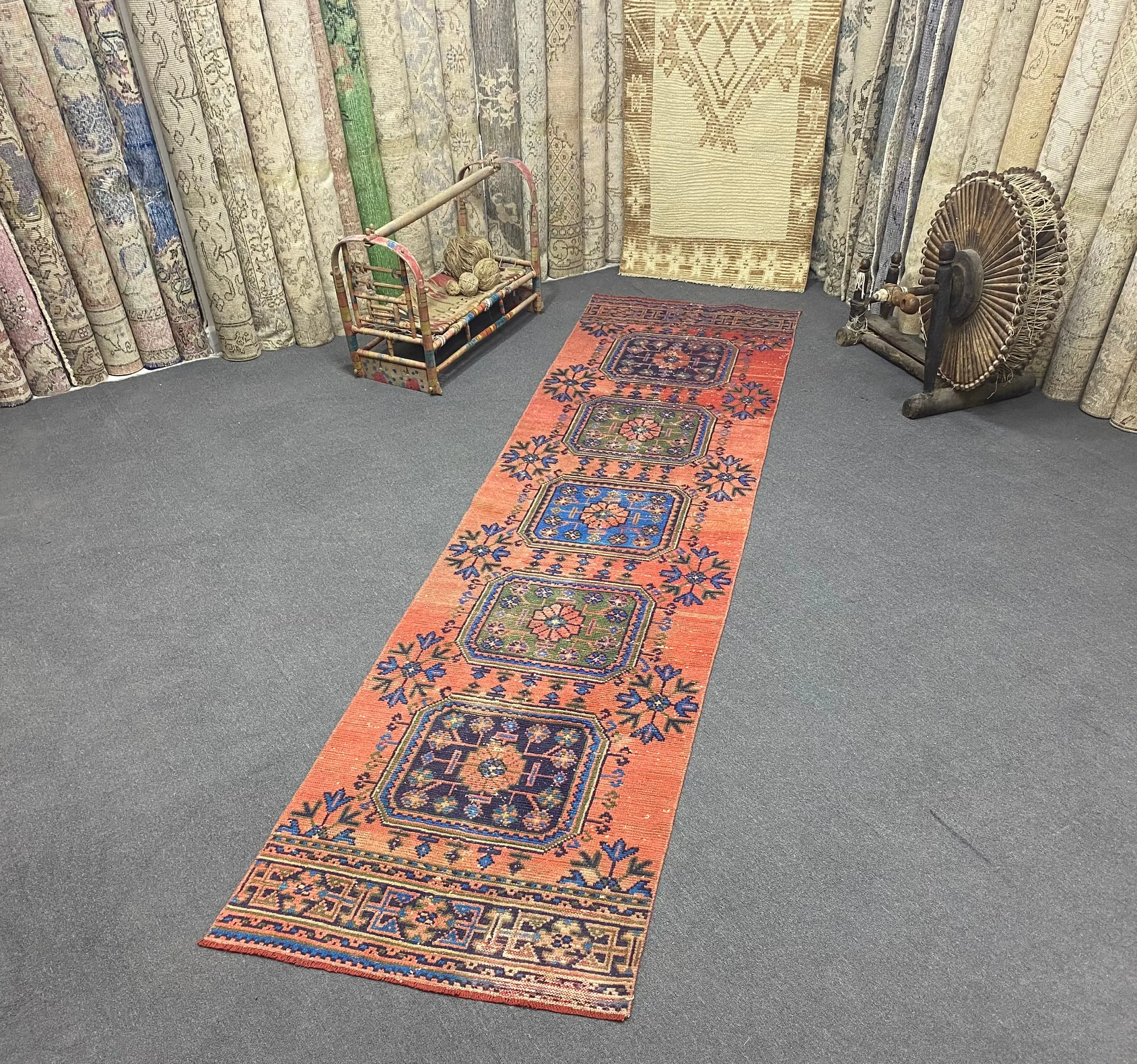 Vintage 2.7x11.1 ft Runner Rug, Turkish Rug, Red Floral Rug - 1