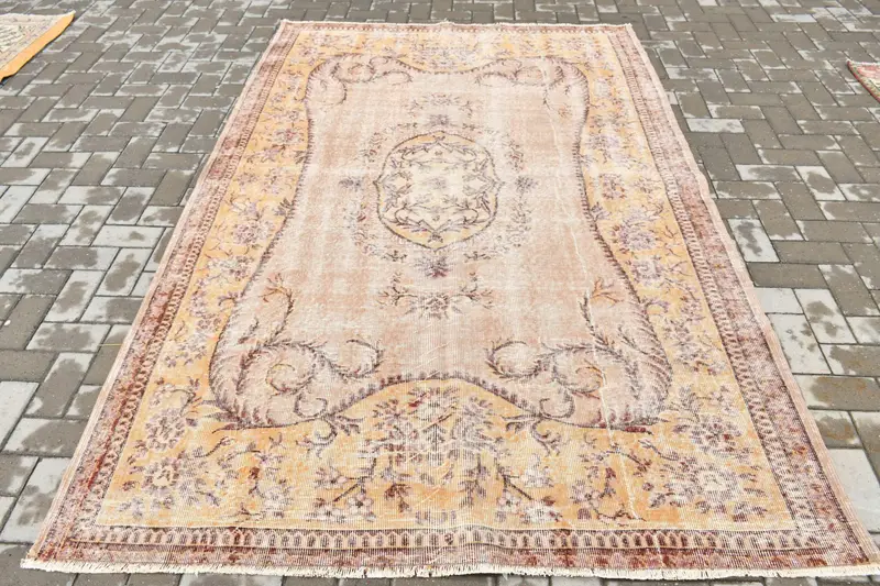 5.5x8.4 ft Halı, Türk Vintage Halısı, Kahverengi Oushak Yün Halı - 1