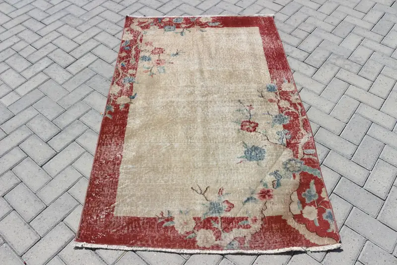3.4x5.3 ft Türk Halısı, Vintage Vurgu Halısı, Kırmızı Oryantal Yün Halı - 1
