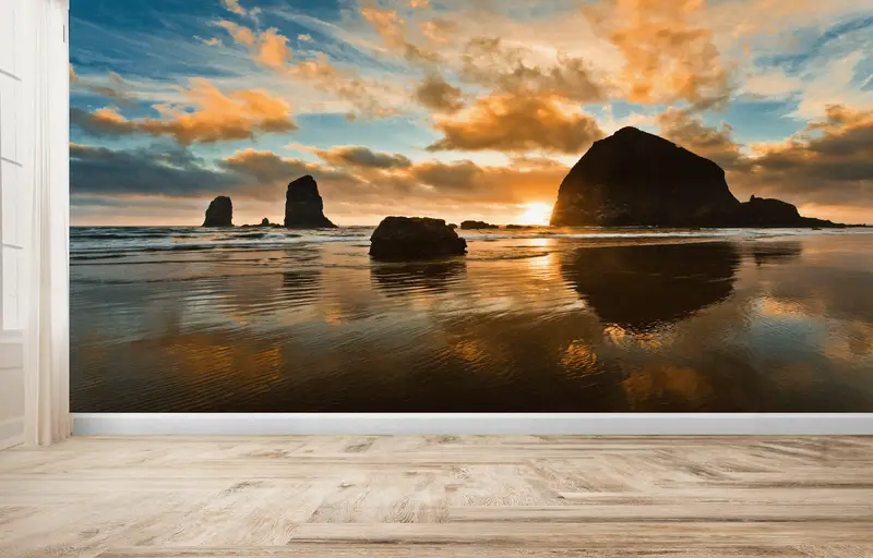 Basılı Duvar Kağıdı: Cannon Beach Gün Batımı, Oregon Deniz Manzarası