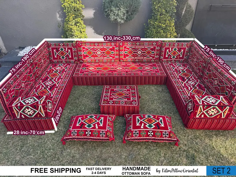 長方形キリムプーフ、手作りトルコウールオットマン